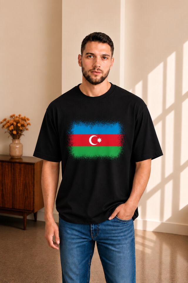 Erkek Oversize Azerbaycan Bayrak Baskılı Kısa Kollu Tişört S M L XL 2XL