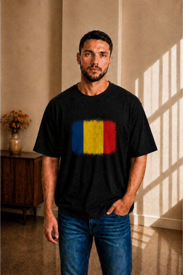 Erkek Oversize Romanya Bayrak Baskılı Kısa Kollu Tişört S M L XL 2XL