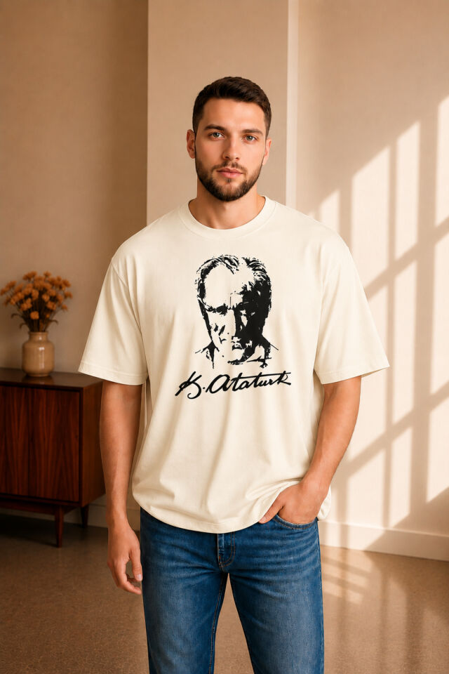 Erkek Oversize Penye Atatürk Baskılı Tişört S-M-L-XL-2XL