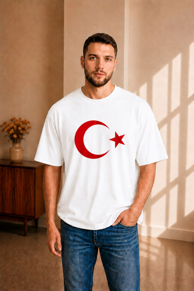 Erkek Oversize Penye AY Yıldız Baskılı Tişört S-M-L-XL-2XL